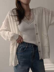 DAZY Women's Solid Color Drop Shoulder Long Sleeve Single-Breasted Casual Thin Cardigan Summer - White - View 1