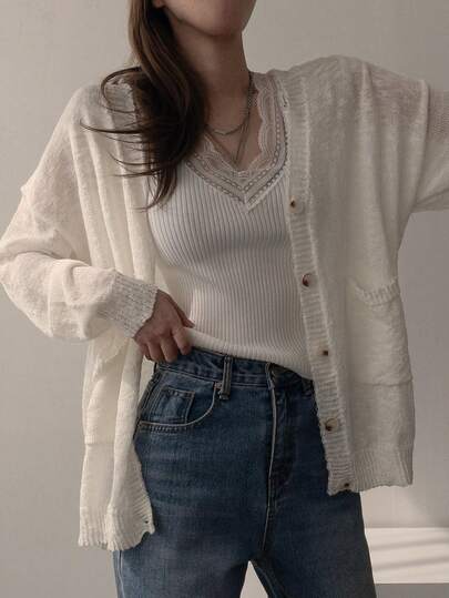 DAZY Women's Solid Color Drop Shoulder Long Sleeve Single-Breasted Casual Thin Cardigan