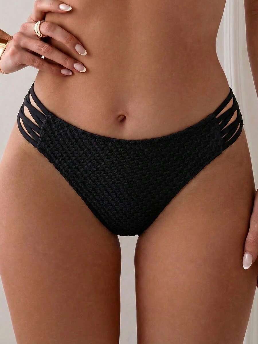 Swim Lushoire 女士新款春夏比基尼泳裤,侧边交叉绑带设计,黑色纹理面料,低腰泳裤,适合沙滩/泳池/度假穿着 - 黑色 - 查看 1