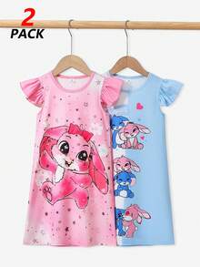 Cute Elegant Casual And Comfortable Cartoon Rabbit Pattern Ruffled Sleeve Crew Neck Dress For Toddler Girls Set Set Of 2 Summer Sweet Girly Style Cute And Comfortable 2026 New Resort Atmosphere Relaxed And Comfortable Girl Outfit Set Girls' Children's Clothing - Multicolor - View 4