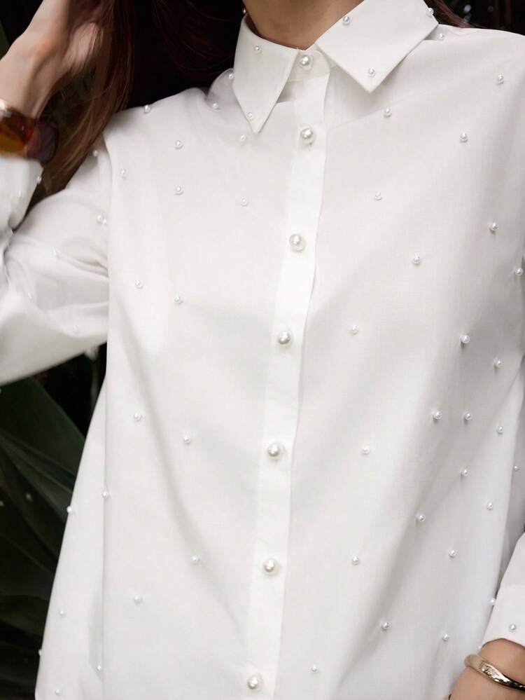 SHEIN Maija Outfit Deas For Blouse,Women's Casual Versatile Commute Pearl Embellished Blouse,Weddings & Events ,White Shirt ,White Blouse,Party Top,Summer Outfits For Women, Weddings & Events ,  Blouse For Wedding Guest Pearl Shirt Collar Shirt For Women White Button Up Women Plain Shirt For Women Shirts For Women Casual Shirt For Women Summer