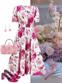 Ellevyn A-Line Waist Cinched Romantic Floral Print Dress  Summer Vacation Outfits Women Going Out Outfits - Coral Pink - View 9