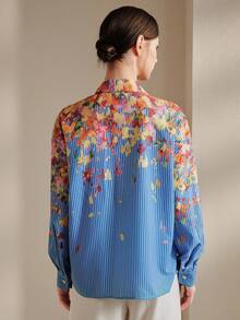 Anewsta Romantic Vacation Style Blue & White Striped Oil Painting Print Embellished Handmade Beaded & Sequin Floral Women Blouse - Blue - View 7