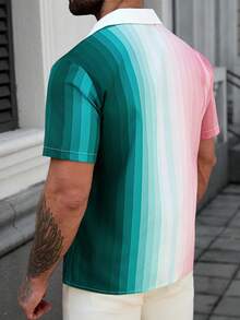 Manfinity Homme 男士字母印花单排扣粉色条纹短袖衬衫 - 粉色 - 查看 2