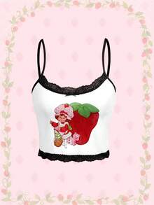 Strawberry Shortcake | ROMWE Bộ đồ ngủ nữ dễ thương họa tiết hoạt hình, áo hai dây viền ren và quần short kẻ caro, kiểu dáng thường ngày. - màu đen - Xem 3