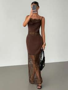 Siren Gaze Women Cowl Neck Satin Lace Insert Maxi Dress Chocolate Brown Sheer Mesh Party Dress For Evening Party Date, Elegant Satin & Lace Splice Spaghetti Strap Dress, Wedding Guest, Party, Evening Gown - Brown - View 3