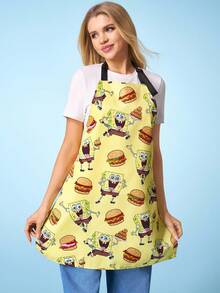 SpongeBob SquarePants | SHEIN 1 pieza Delantal con estampado de dibujos animados, material impermeable y resistente al aceite, cómodo y suave, esencial para la cocina y la repostería, adecuado tanto para hombres como para mujeres - Amarillo claro - Ver 6