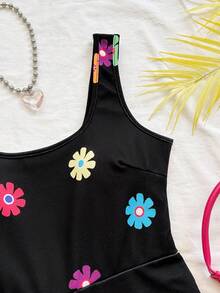 Soleia Nuevo mono minimalista de cuello cuadrado con estampado gráfico de punto - Negro - Ver 6