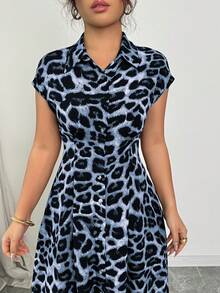 Rafferiza Women's Elegant Leopard Print Collared Short Sleeve Button Down Waist Dress - Wander Blue - View 6