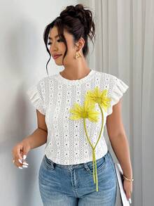 SHEIN Elenzya Áo thun nữ cổ tròn, tay ngắn thanh lịch, họa tiết hoa 3D, chất liệu vải jacquard dệt nổi, thích hợp mặc hàng ngày, công sở và đi nghỉ mát, mùa xuân/hè. - Màu be - Xem 6
