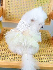 PETSIN 一件猫狗通用服装，蕾丝花朵提花网纱公主风婚纱，优雅猫狗新娘礼服 - 米色 - 查看 4