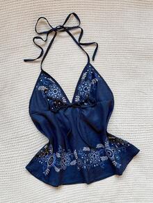 Sweetra Top sin espalda con cuello de halter estilo bohemio chic para mujer, diseño impreso distintivo, estilo de vacaciones de moda - Azul Marino - Ver 6