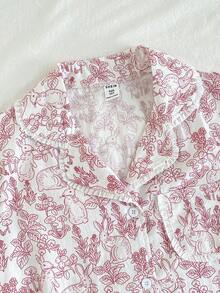 SHEIN Conjunto de pijama casual y cómodo de 2 piezas para niñas preadolescentes con pantalones y blusa de manga corta con cuello de volantes, estampado de conejos y flores en color rosa pastel - Burdeos - Ver 4