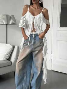 Firerie Top de camisola maxi con escote en V, volantes y transparencia, estilo bohemio y chic para mujer, ideal para festivales de música, playa y vacaciones - Blanco - Ver 12