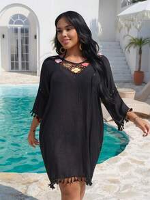 Swim Lushoire Plus Size Handmade Colorful Crochet Lace Long Sleeve Beach Cover Up - Black - View 3