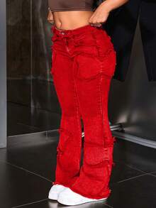 Jeanoix Damen Jeans in Große Größen mit ausgefranstem Saum und weitem Bein, lässige Mode - Rot - Übersicht 5