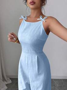 SHEIN Elenzya Bộ jumpsuit ống rộng thắt eo bằng vải jacquard họa tiết nơ và hoa cúc dành cho nữ, thanh lịch cho việc đi làm hàng ngày. - Màu xanh nhạt - Xem 4