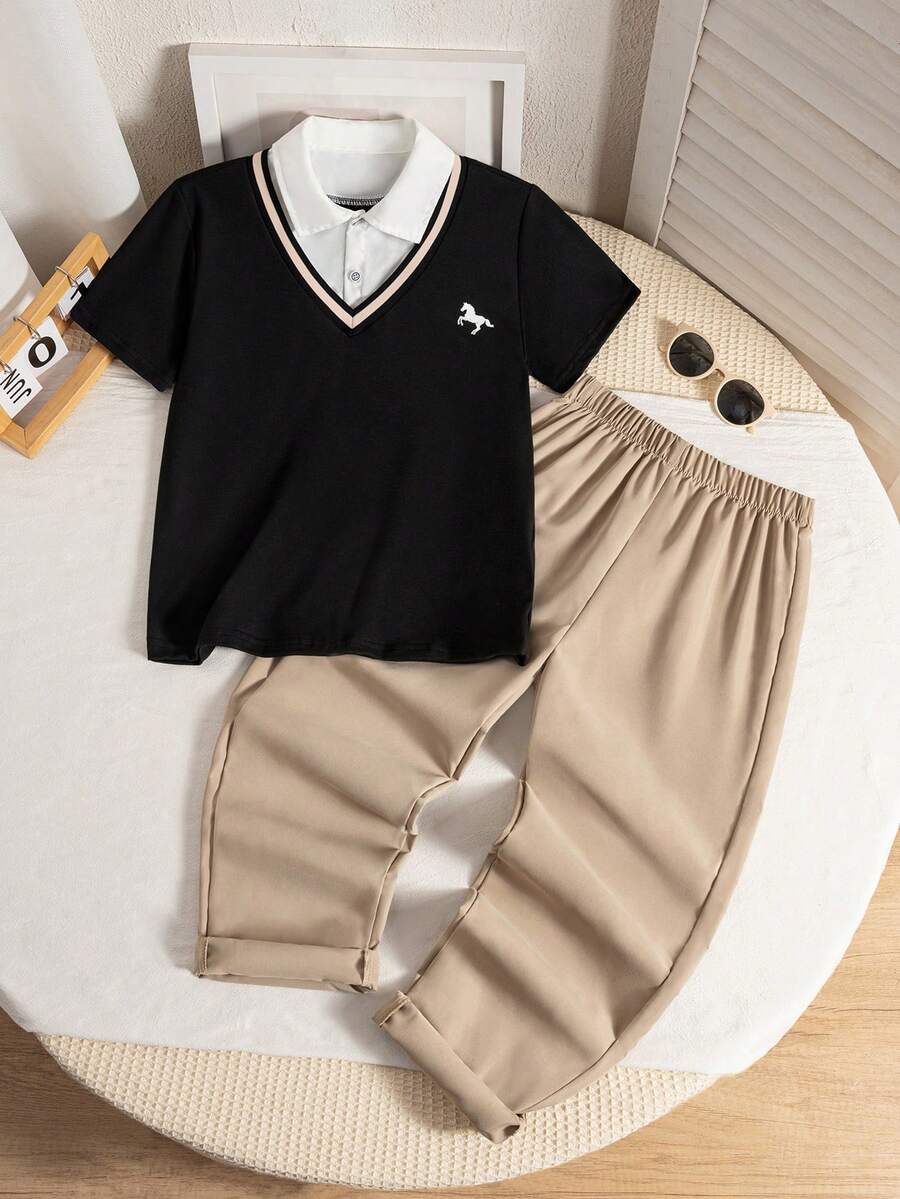 SHEIN Streecool Kids 2pcs/Set Tween Boys Gentleman Style 2 In 1 Polo Shirt & Casual Long Pants - Black - View 1