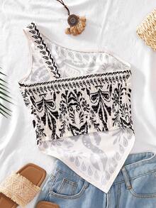 Summer Tops Teen GirlMinimalist Printed Asymmetric Shoulder Tank Top Bohemela Top - Black and White - View 2