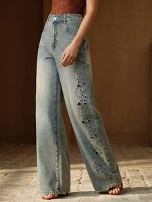 Anewsta Women's Fashionable Sexy Hollow-Out Embroidered Mother's Day Blue Straight-Leg Jeans, Spring/Summer - Blue - View 5