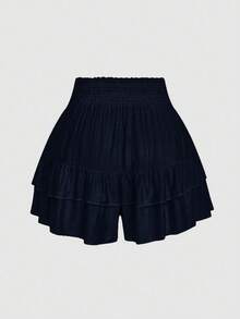 SHEIN LUNE Plus Size Holidaya Paperbag Waist Ruffle Hem Wide Leg Shorts - Blue - View 2