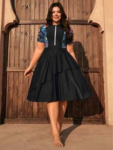 Swim Mulvari Plus Size Women 2pcs/Set Random Print Half Sleeve Zipper Front Loose Split Dress With Solid Color Shorts Swimwear Set - Black - View 5