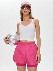 WanderVale Shorts casuais femininos de cor sólida com cintura elástica, shorts de trabalho femininos, shorts femininos rosa para corrida, shorts-saia femininos, shorts femininos rosa, shorts esportivos femininos, shorts de corrida femininos. - Rosa - Ver 6
