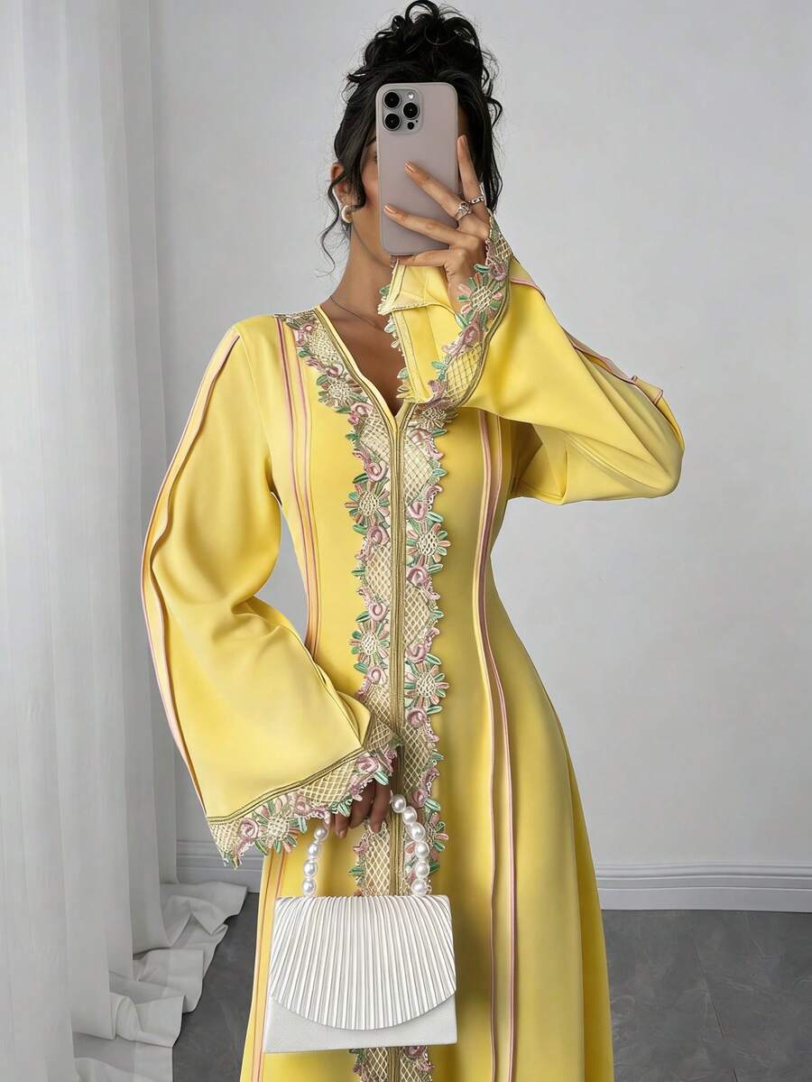 SHEIN Raffinéa Áo choàng dài tay cổ chữ V rộng rãi, bèo nhún dành cho nữ, kiểu Abaya Thổ Nhĩ Kỳ, Kaftan Ả Rập. - Vàng nhạt - Xem 1