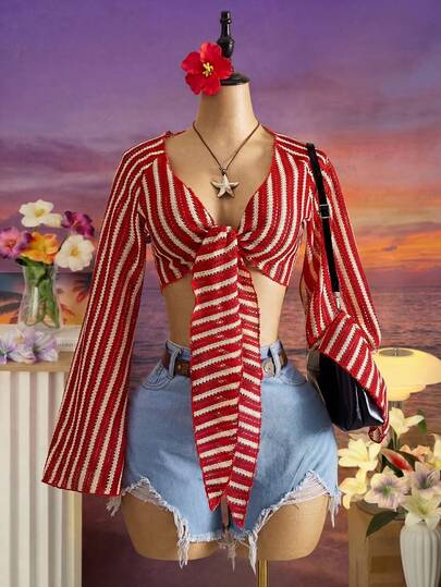 Swim SXY 2026 Spring/Summer Vacation Beach Sexy Red Striped Kimono Top 2026 New Women's Swimwear ArrivalFor School,Suitable For Holiday, Date, Afternoon Tea, Western, Cruise, Beach, Island, Road Trip, All Seasons, Music Festival, Boho Vacation,Bohemian Vacation, Chill Autumn ,Western Boho ,Elegant Tops For Women