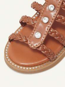 Cozy Pixies Một đôi sandal đế bằng kiểu La Mã dễ thương, đa năng, mang phong cách bohemian, lý tưởng cho kỳ nghỉ hè, thích hợp cho bé gái, kiểu dáng giản dị, thoải mái, có nơ và đan, thích hợp đi biển. - màu nâu - Xem 6