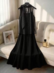 GlowEve 女士雪纺黑色波点系带无袖上衣 + 黑色吊带连衣裙两件套 - 黑色 - 查看 1