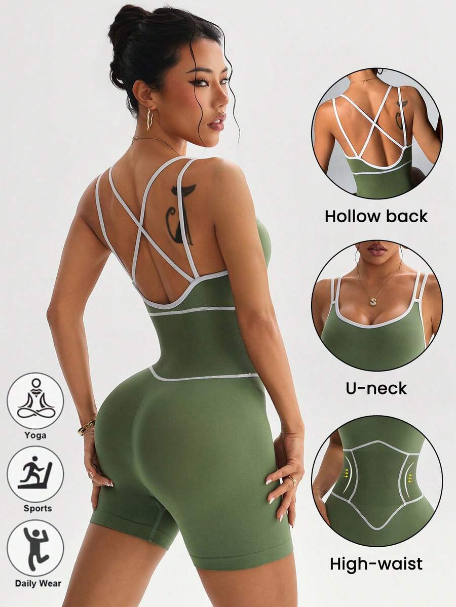 Dewbera 1pc Moisture-Wicking Seamless Yoga/Fitness Jumpsuit, Cross-Back Design, Basic Green With White Trim Bodysuit Tummy Control Backless Body Shaper Bodyshaper Bodysuit Bodysuits For Women - Multicolor - View 1