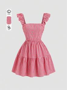 Sweetra 美式学院风红色复古格子短袖露背系带修身夏季简约纯少女休闲迷你连衣裙 - 紅色 - 查看 2