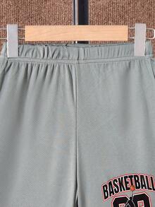 SHEIN Tween Boy Letter Printed Vest Shorts Two-Piece Set, School, Campus, College - Grey - View 7