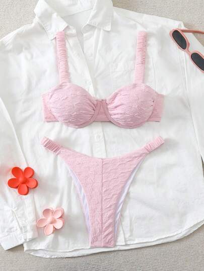 Swim Mod Bộ bikini 2 mảnh 26SS mùa xuân/hè, chất liệu vải jacquard dệt nổi màu hồng, họa tiết bong bóng, năng động, có đệm mút, thích hợp cho kỳ nghỉ biển.