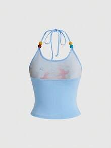 ROMWE Top halter con estampado de peces dorados y graffiti para mujeres, estilo Y2K y cute baddie para vacaciones en la isla - Celeste - Ver 2