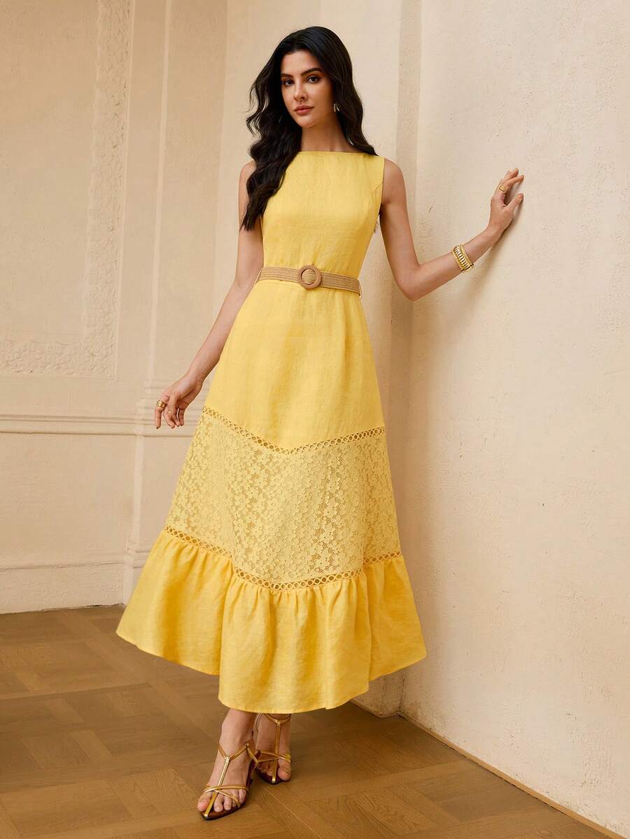 ZEYLAH 100% Linen Lace Patchwork Vacation Style Woven Belt Off Shoulder Long Dress, Spring/Summer - Yellow - View 1