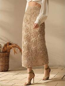 Anewsta 女士优雅3D立体花卉半身裙 - 卡其色 - 查看 4