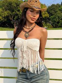 SHEIN EZwear 女士纯色流苏装饰抹胸针织毛衣 - 米色 - 查看 6