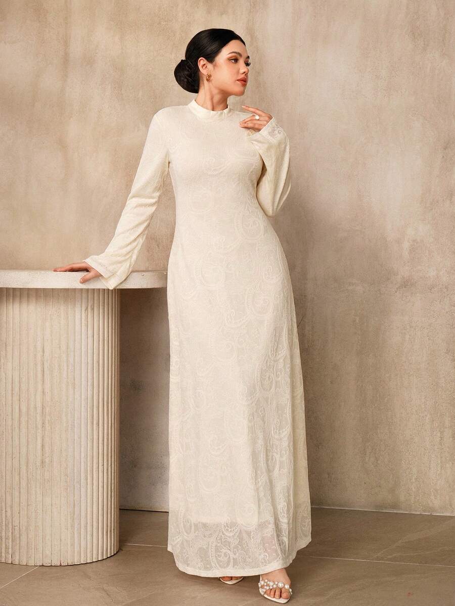 Graceveil 女士纯色立领休闲派对长裙,奢华女士长裙,带袖经典连衣裙,穆斯林婚礼宾客礼服,现代菲律宾风情活动连衣裙,女士正装,优雅经典女士连衣裙,端庄新款连衣裙设计 - 杏色 - 查看 1
