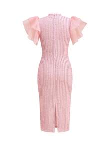 Ellevyn Sweet & Spicy Knit Midi Dress, Stand Collar, Ruffle Sleeves, Bodycon Fit, Date Night Dress - Pink - View 2