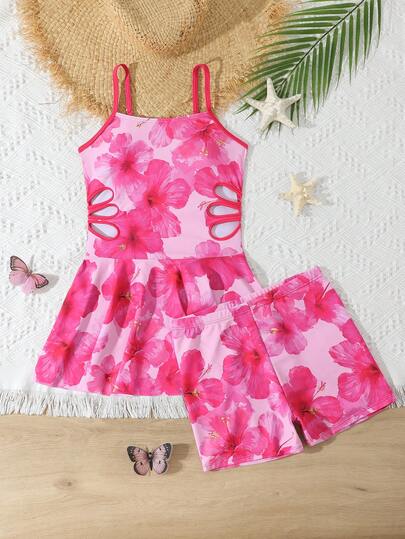 SHEIN Girls' Black & White Hollow-Out Tankini Swimsuit Set, Mid-Length Strap Swimdress And Swim Shorts 2pcs