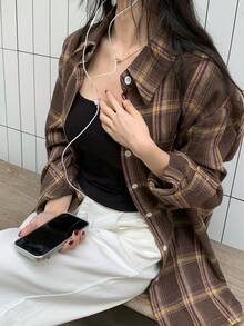 DAZY 女士格子印花纽扣长袖休闲衬衫 - 棕色 - 查看 6