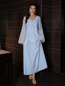 Al Najma Middle Eastern Arabic Style Loose Fit Long Dress, V-Neck Front Panel With Light Blue Beaded Embroidery, Traditional Robe Night Autumn Modest - Blue - View 8