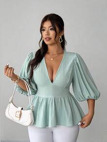 Elenzga Áo kiểu dáng thanh lịch tay cánh hoa, cổ chữ V, thích hợp cho người đi làm, dành cho người có vóc dáng lớn. - màu xanh lá - Xem 4