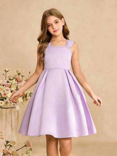 Tween Girls' Luxurious Elegant Purple Sleeveless Satin Faux Pearl Decor Fitted Dress, Suitable For Evening Party, Christmas, Halloween, Wedding, Flower Girl, Prom, Vacation, Graduation Season And Other Occasions