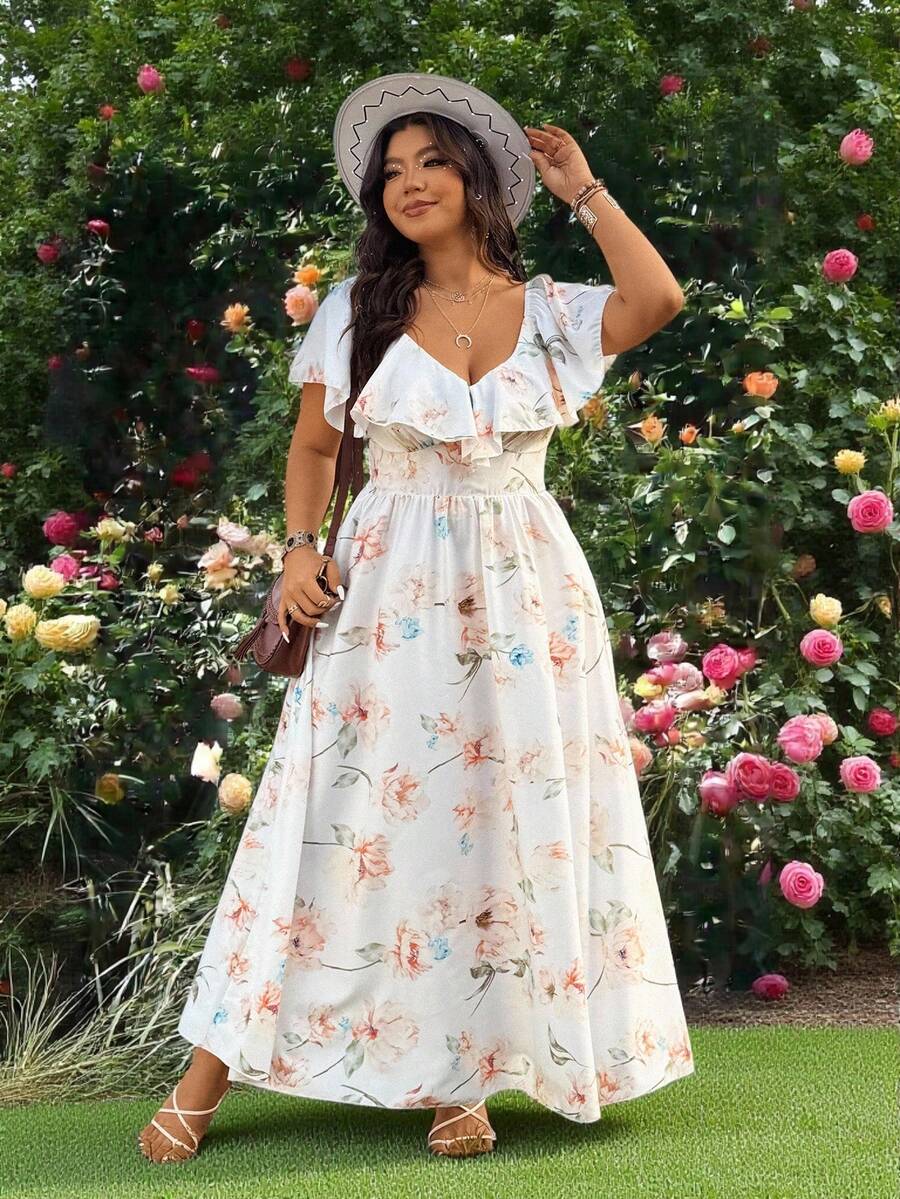 Ceyna Plus Size White Summer Boho Bachelorette Party Tea Party Holiday Floral Print Maxi Dress,Women's Woven Ruffle Collar Square Neck Cinched Waist Dress - Apricot - View 1