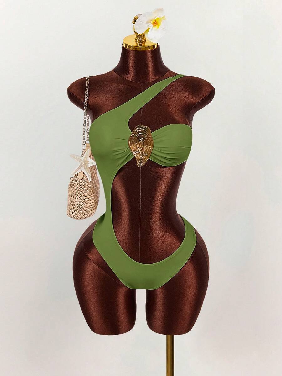 Amplova Áo tắm liền thân nữ màu trơn, trang trí kim loại, xếp ly, khoét eo, thích hợp cho kỳ nghỉ biển, tiệc bể bơi, tiệc bãi biển. - Màu xanh Bạc hà - Xem 1