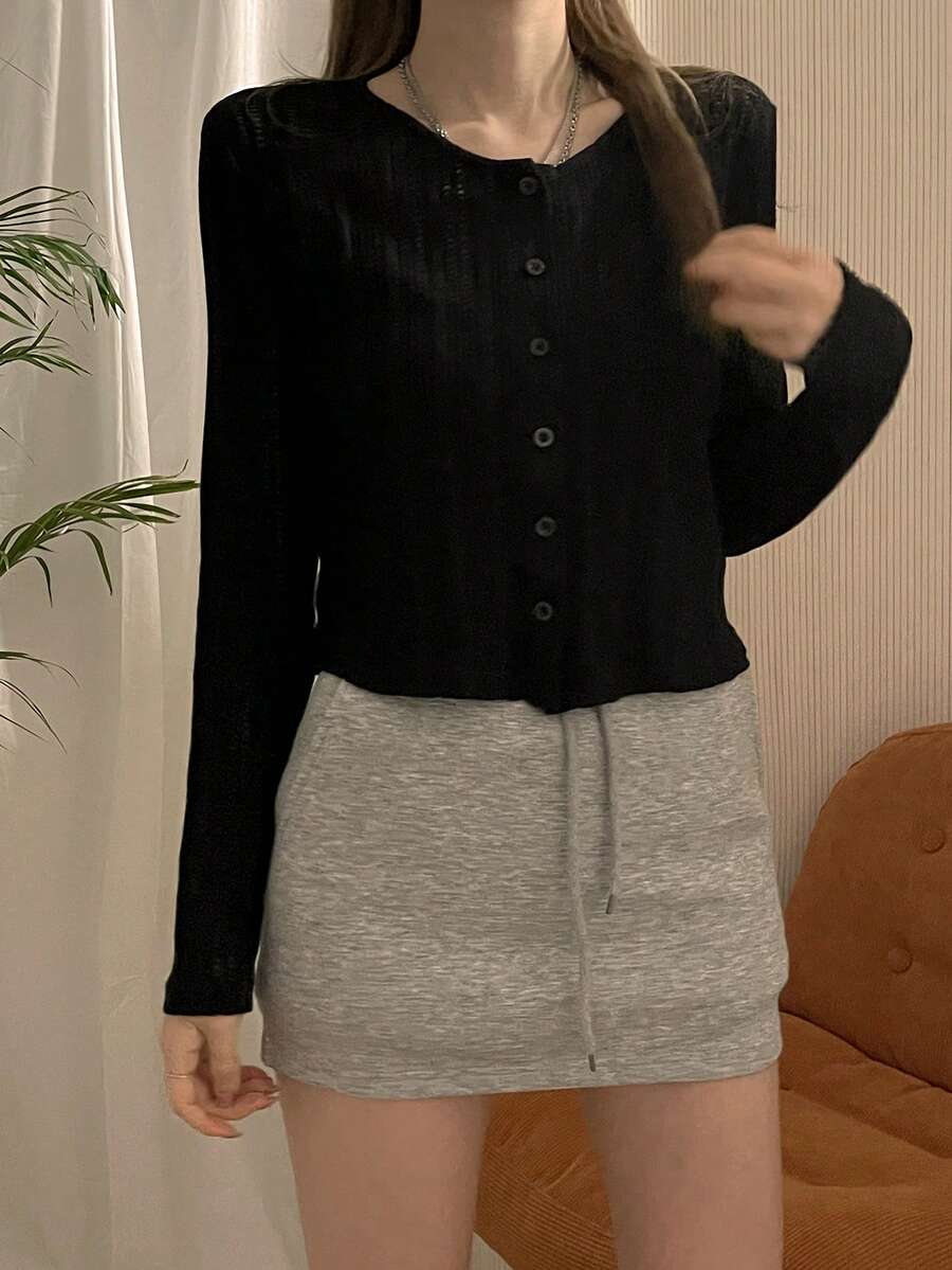 DAZY 女士休闲宽松圆领开襟T恤衫（夏季款） - 黑色 - 查看 1