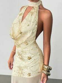 Siren Gaze 优雅金色亮片烟花刺绣露背低胸长款晚礼服，适合夏季穿着——散发优雅女神般的魅力，适合宴会、晚宴、时尚派对等场合，展现自信和独特的个性。 - 杏色 - 查看 6